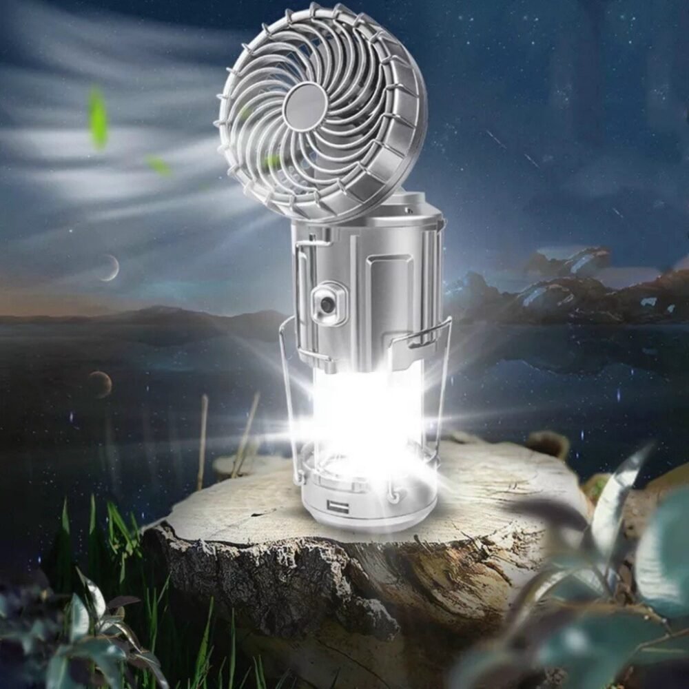 6in1 Camping Fan Light with LED Lantern, Rechargeable Battery, And Solar Power