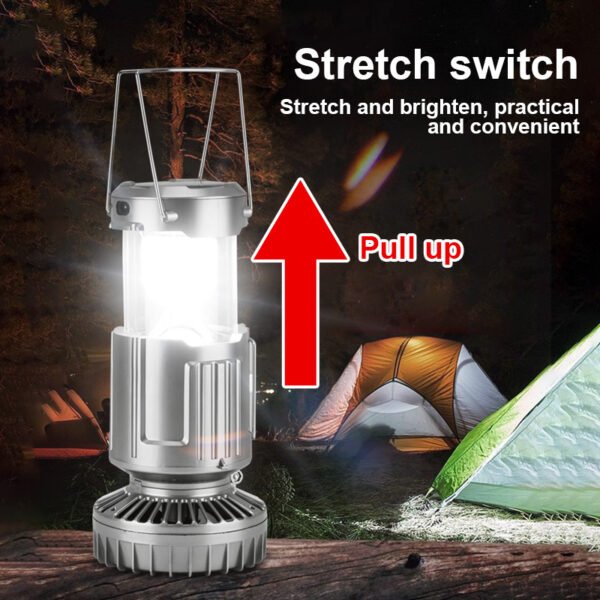 6in1 Camping Fan Light with LED Lantern, Rechargeable Battery, And Solar Power - Image 7