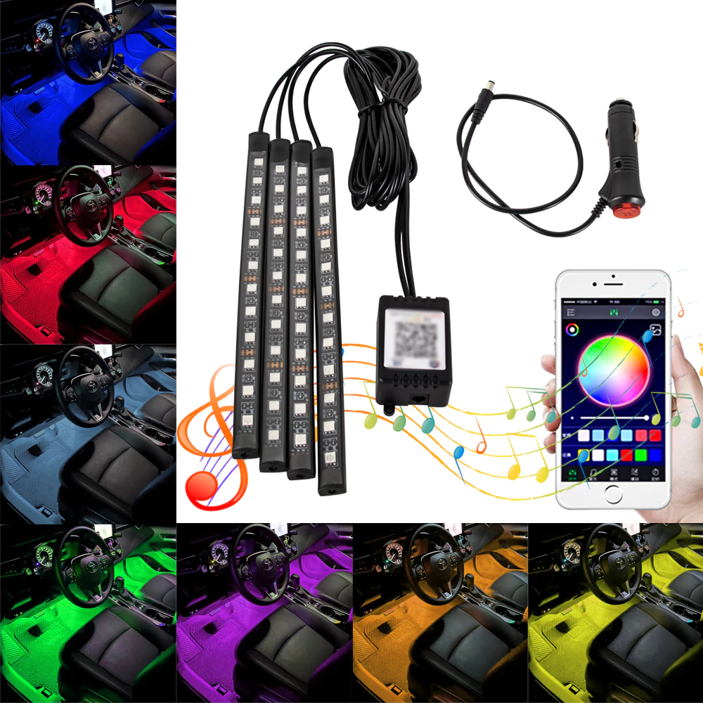 4PCS RGB LED Car Interior Light Strips