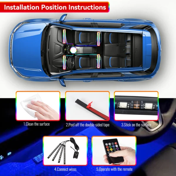 4PCS RGB LED Car Interior Light Strips - Image 15