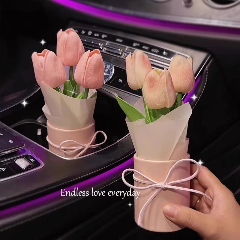 Artificial Car Tulip Bouquet Ornament, Unique Gift For Car Lovers