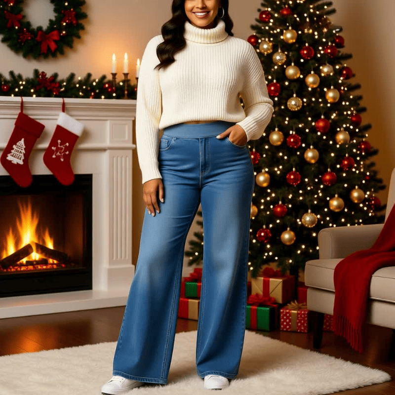 High Waist Wide Leg Pants Stretchy Waistband Jeans for Women - Image 9